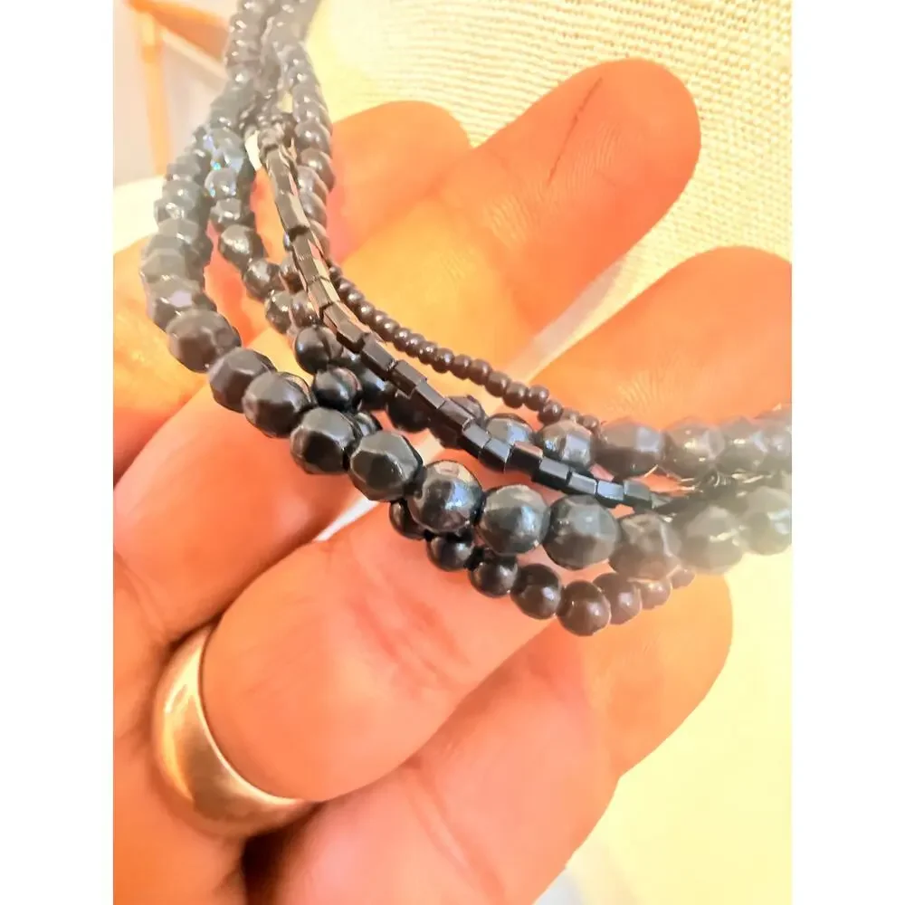 Vintage Black Multi Strand Beaded Choker Necklace 14”
